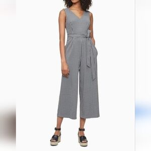 Calvin Klein sz 8 black white gingham crop jumpsuit with belt tie